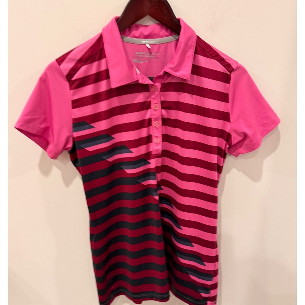 Nike Golf Tour Performance Dri-FIT Pink Striped Polo Shirt Womens Medium 1297